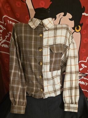 SHEIN Brown and Cream Plaid Button-Down Shirt